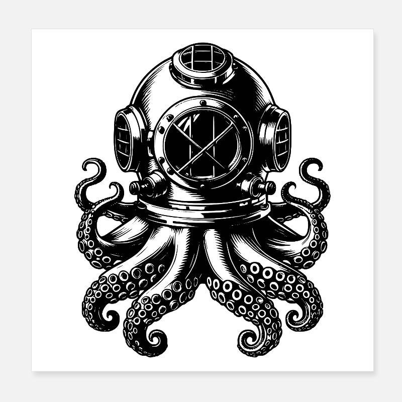 Kraken dans le casque de plongée au look vintage Poster 20 x 20 cm