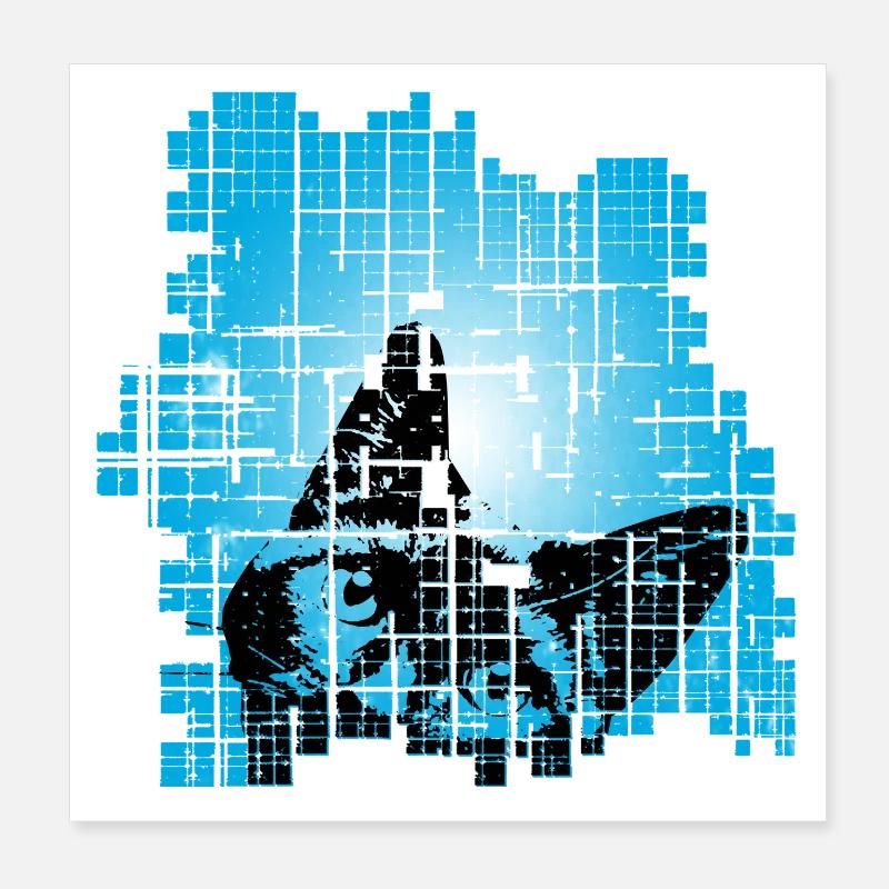 Cat in Pixel Grid Blue Poster 8" x 8" (20x20 cm)