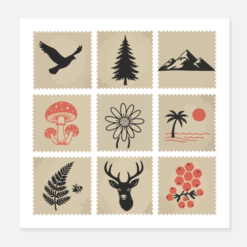 Collage de timbres nature Poster 20 x 20 cm