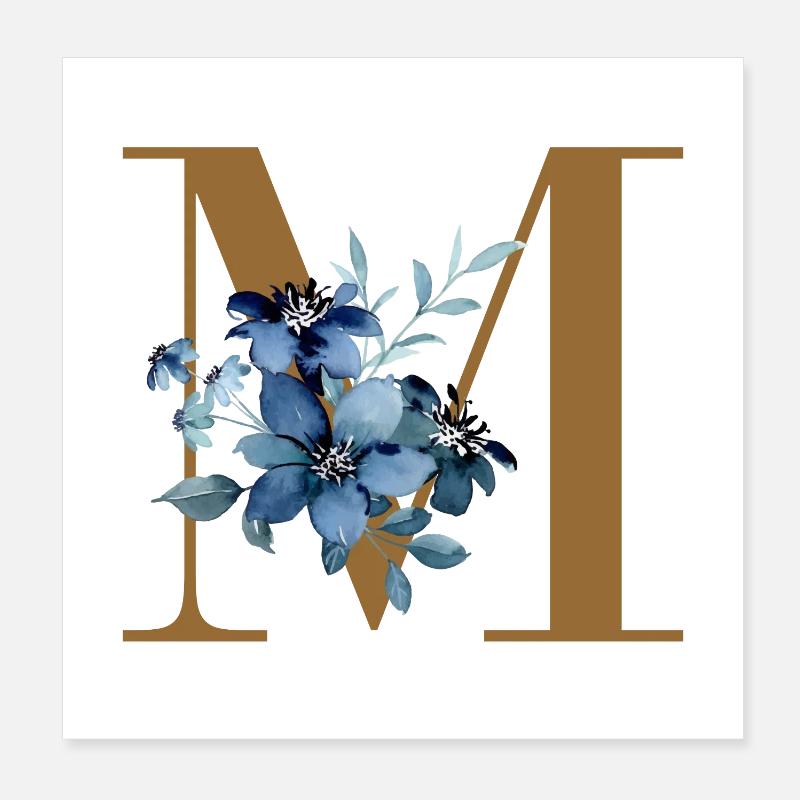 Monogramme M à fleurs bleues Poster 20 x 20 cm