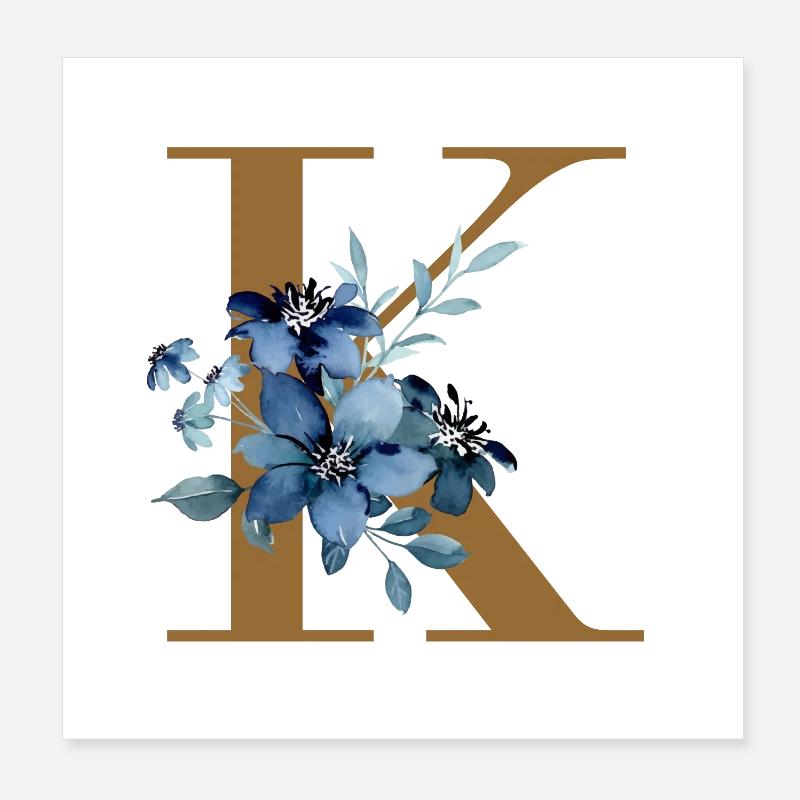 K Monogramme à fleurs bleues Poster 20 x 20 cm