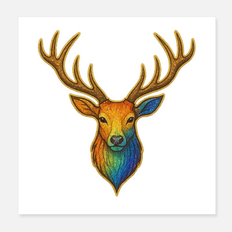Cerf arc-en-ciel avec cadre doré Poster 20 x 20 cm