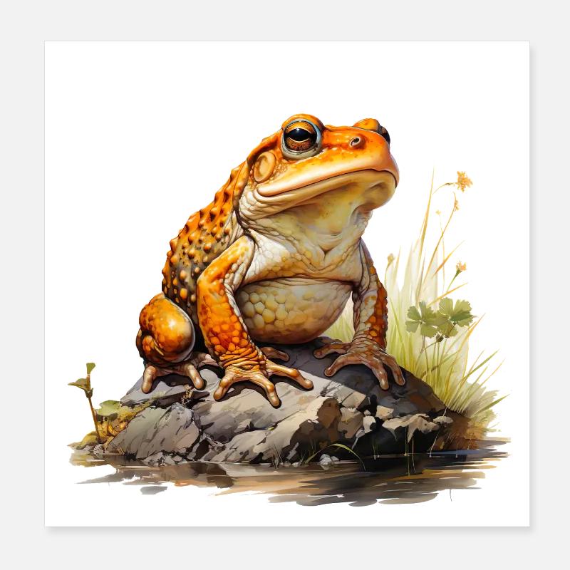 Orangeroter Frosch oder Kröte auf Stein Poster 20x20 cm