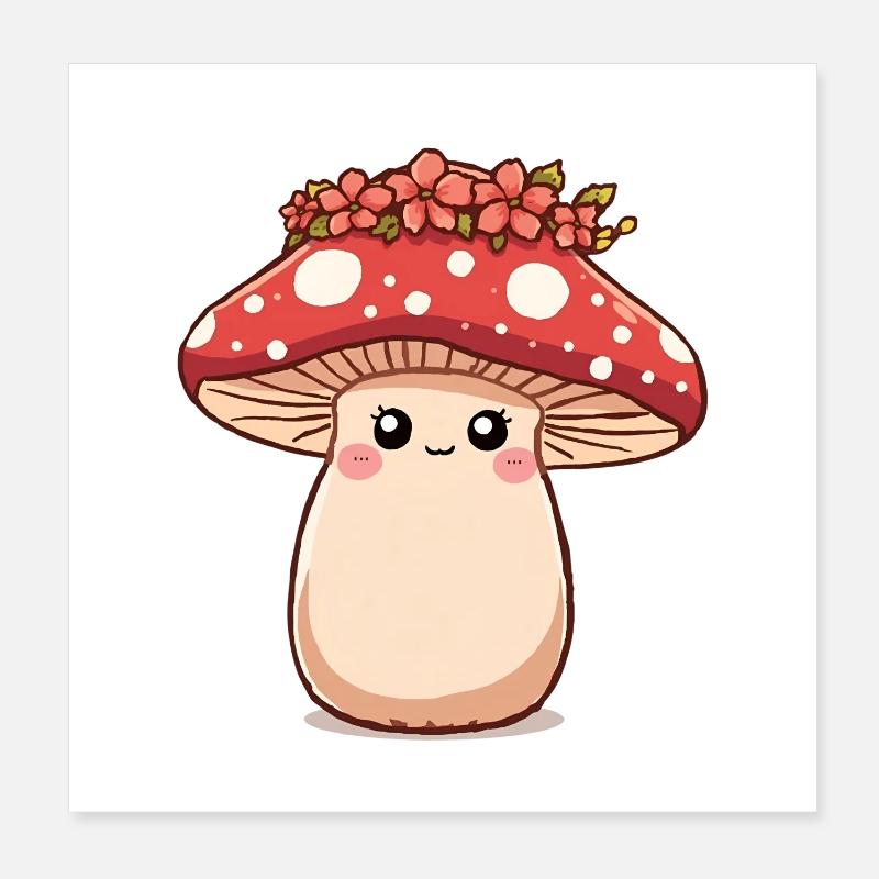 Champignon kawaii avec couronne de fleurs - Design mignon Poster 20 x 20 cm