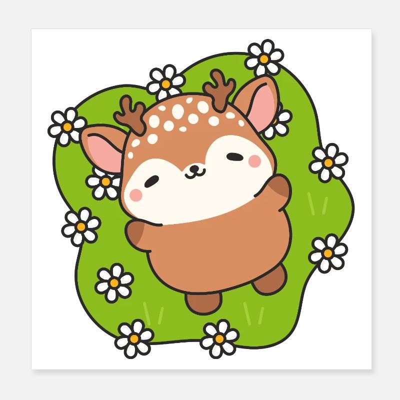 Cerf Mignon en Fleurs sur Gazon Vert Poster 20 x 20 cm