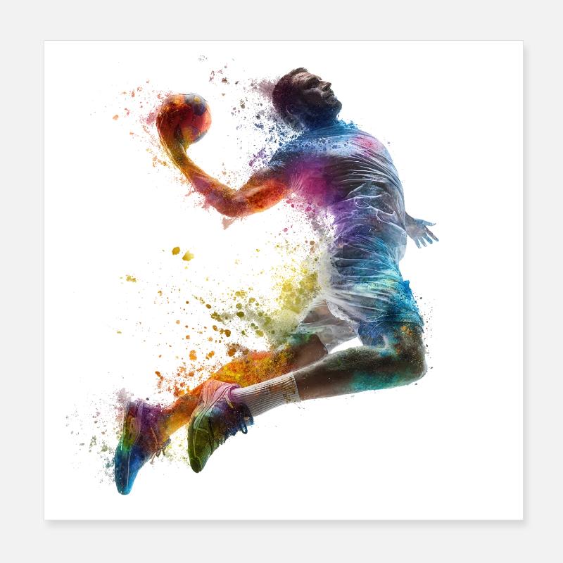 Farbexplosion Handball Sprungwurf Poster 20x20 cm