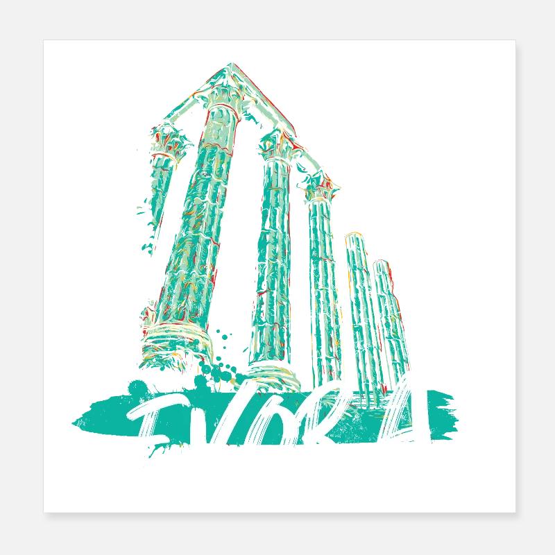 Illustration en turquoise du temple romain d’Évora Poster 20 x 20 cm