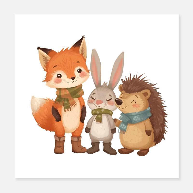 Automne Animaux de la forêt mignons avec écharpe et bottes Poster 20 x 20 cm