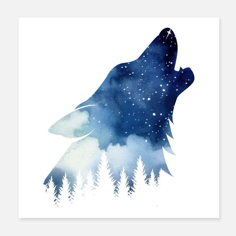 Heulender Wolf – Wasserfarben Sternenhimmel Wald Poster 20x20 cm