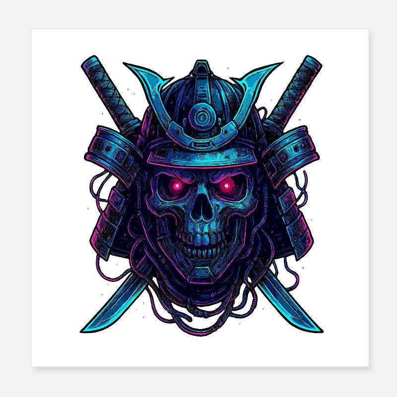 Cyber Samurai Skull Neon Design Poster 8" x 8" (20x20 cm)