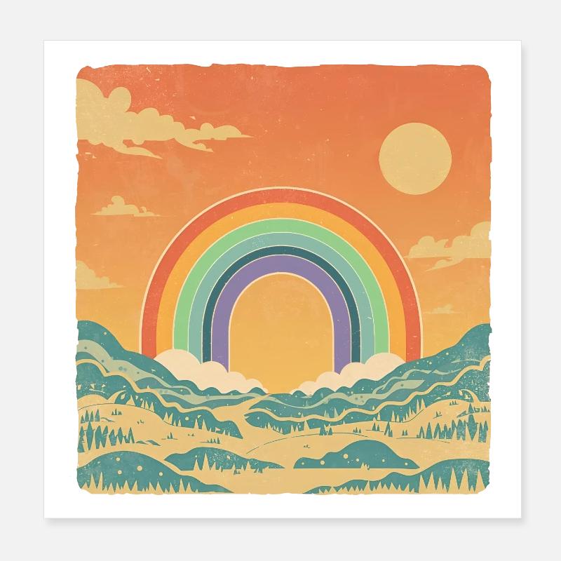 Retro Landschaft mit Regenbogen Vintage Look Poster 20x20 cm