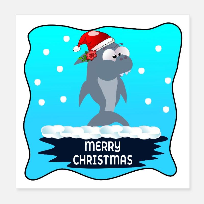 MERRY CHRISTMAS WISHES SHARK Poster 8" x 8" (20x20 cm)