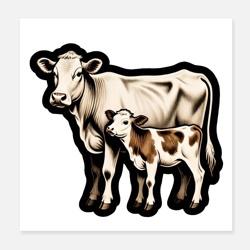 Mère vache avec veau - Illustration animale rétro Poster 20 x 20 cm