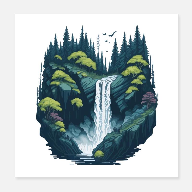 Cascade forestière lumineuse Poster 20 x 20 cm