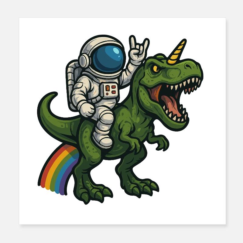 Astronaut Riding Unicorn T-Rex - Poster 8" x 8" (20x20 cm) - white