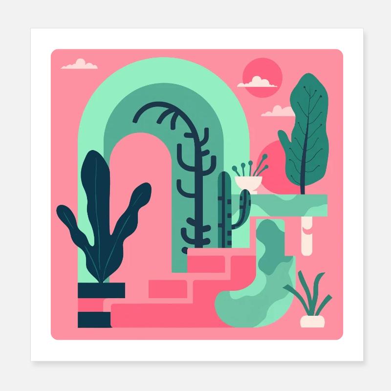 Paysage de jardin abstrait dans le style rétro rose Poster 20 x 20 cm