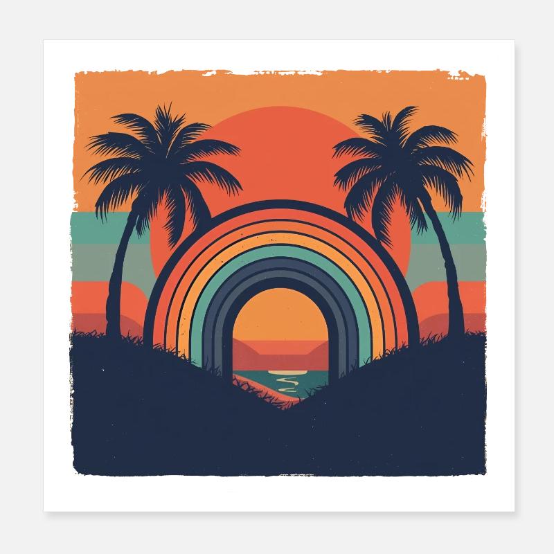 Coucher de soleil rétro avec arc-en-ciel et palmiers Poster 20 x 20 cm