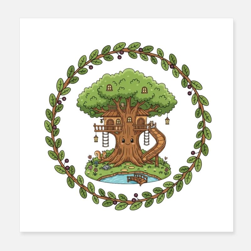 Cabane dans les arbres dans la forêt enchantée Poster 20 x 20 cm