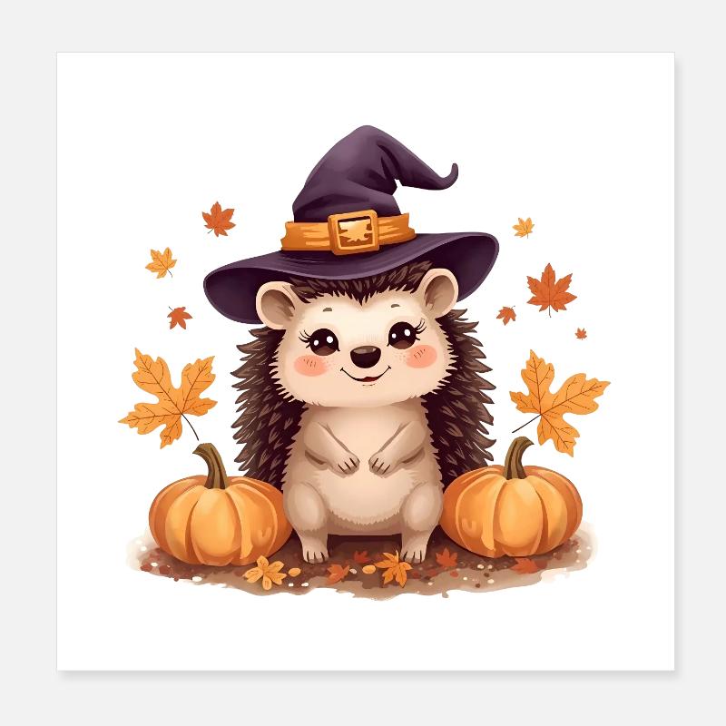 Hérisson d’automne avec chapeau de sorcière et citrouilles Poster 20 x 20 cm