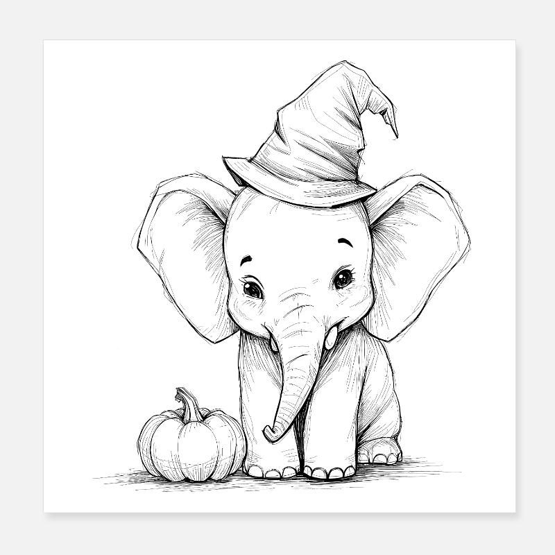 Halloween Elephant with Witch Hat Cute Design Poster 8" x 8" (20x20 cm)