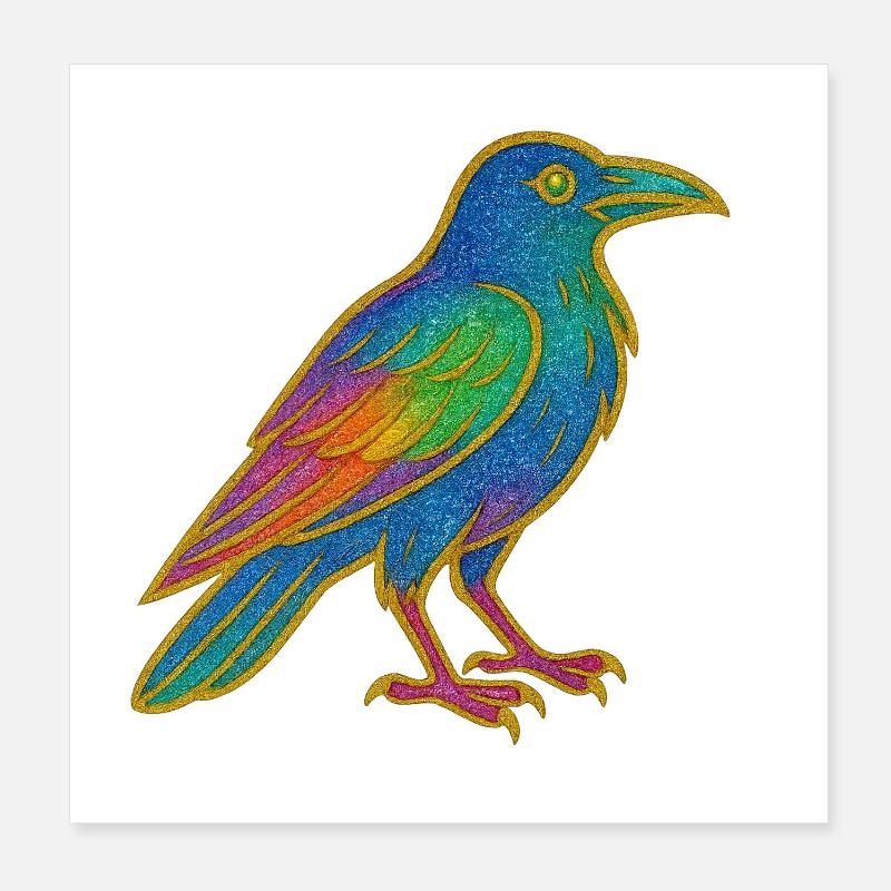Rabe | Krähe | Regenbogen Vogel Glitzer Patch Poster 20x20 cm