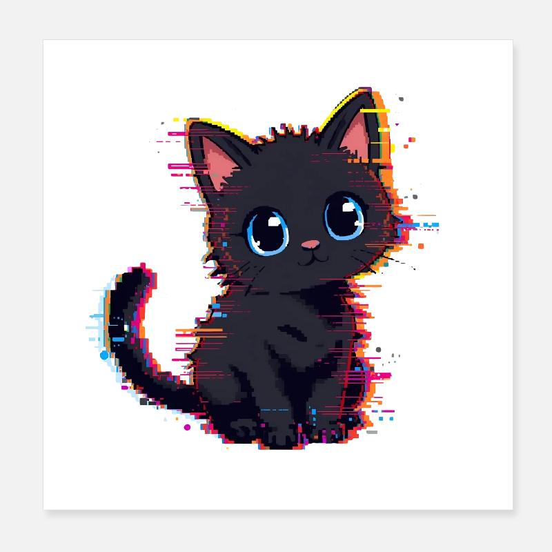 Neon Glitch Black Cat Cute Poster 8" x 8" (20x20 cm)