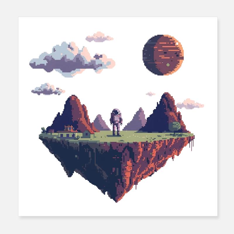 Astronaute pixel 8 bits sur une île flottante Poster 20 x 20 cm