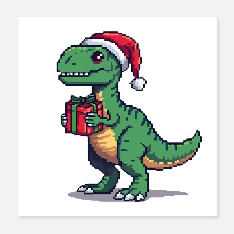 8-Bit Pixel Velociraptor Weihnachten - Poster 20x20 cm - Weiß