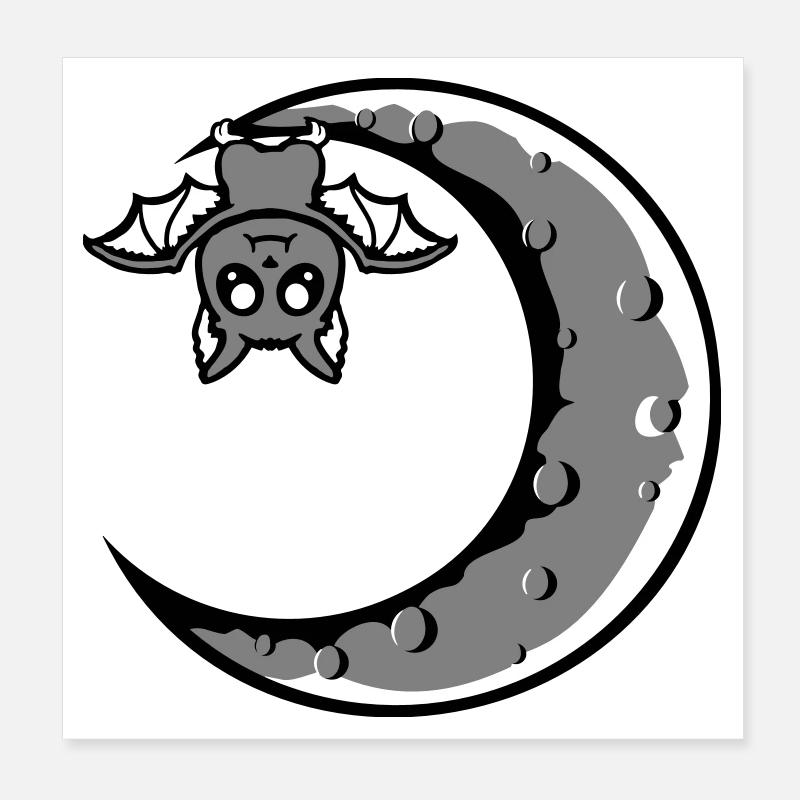 Cute Bat Crescent Moon Hanging Halloween Night Poster 8" x 8" (20x20 cm)