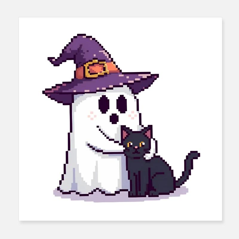 Pixel Ghost avec chapeau de sorcière et chat – Halloween Poster 20 x 20 cm