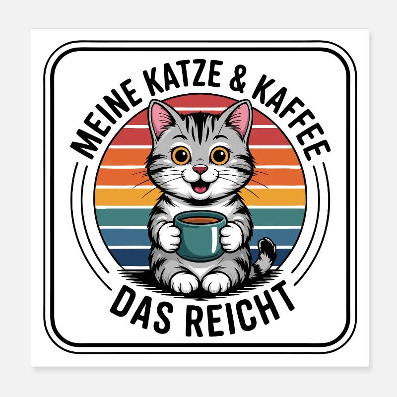 Kaffee Kätzchen im Retro Regenbogen Poster 20x20 cm