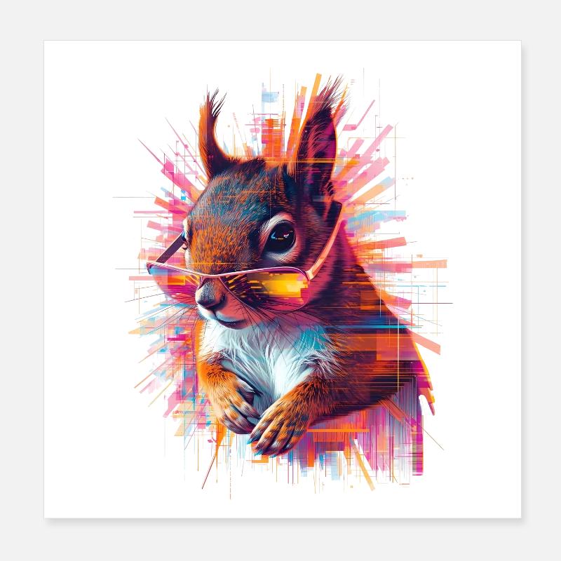 Neon Eichhörnchen mit Sonnenbrille – Glitch Art Poster 20x20 cm
