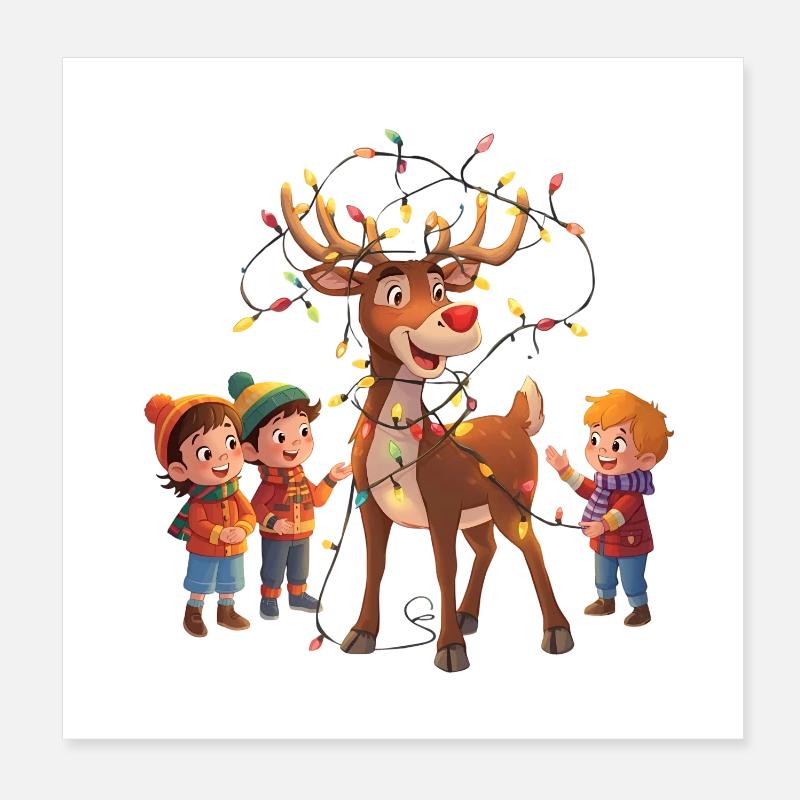 Rentier mit Lichterkette und Kindern Poster 20x20 cm