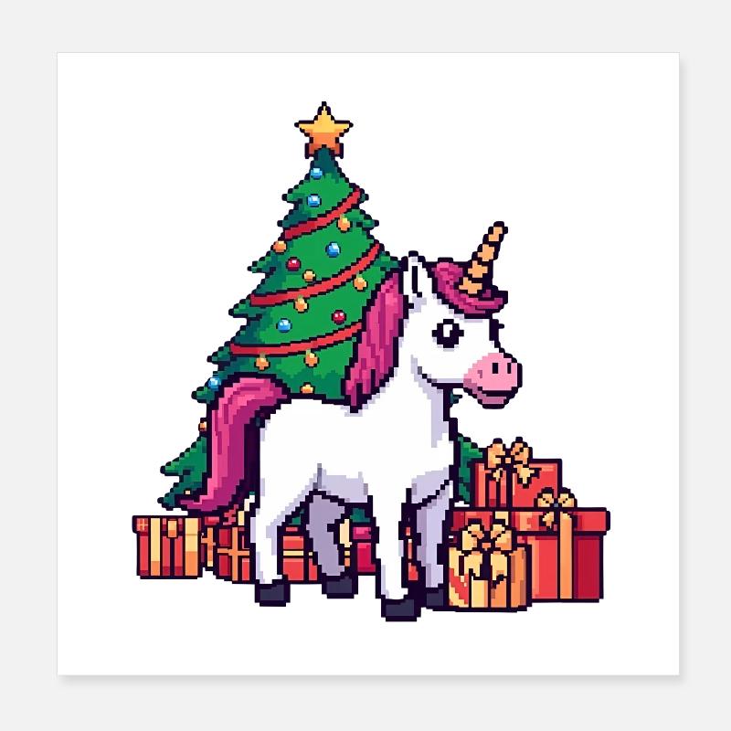 Pixel Unicorn & Christmas Tree Retro Art Poster 8" x 8" (20x20 cm)