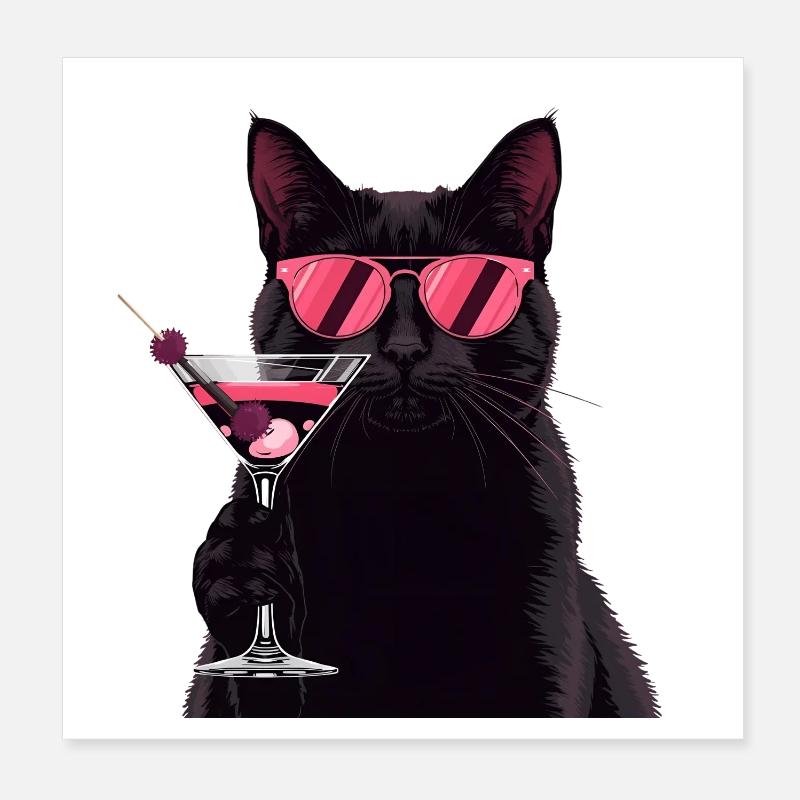 Chat noir avec dessin animé Pink Martini Poster 20 x 20 cm