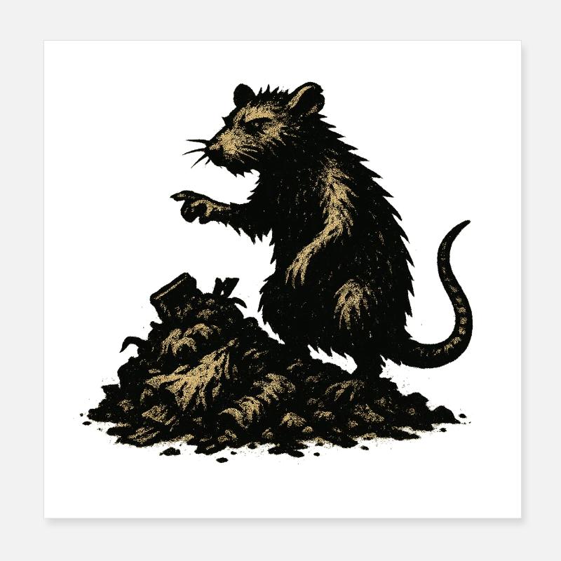 Rat on rubble engraving Poster 8" x 8" (20x20 cm)