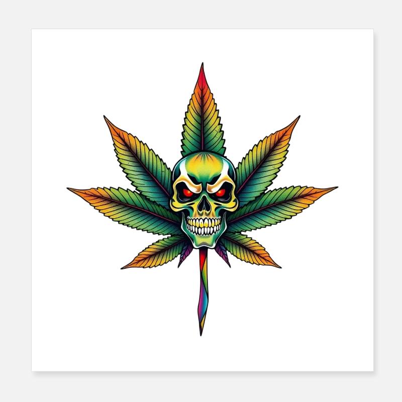 Regenbogen Schädel Cannabis Blatt Poster 20x20 cm