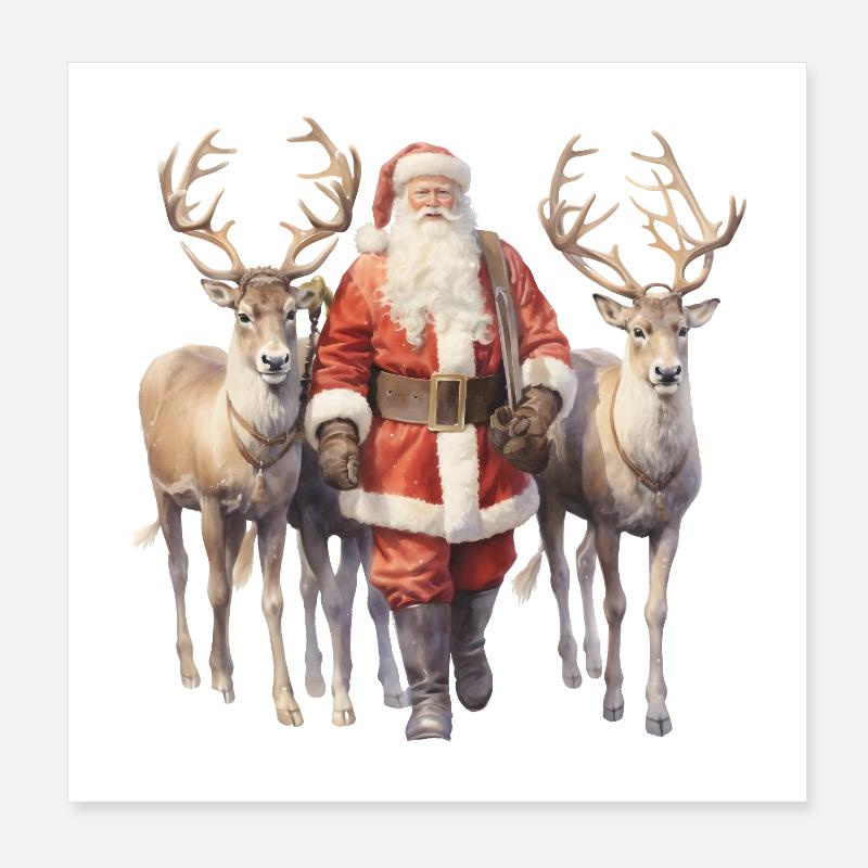 Père Noël et Rênes Élégants Poster 20 x 20 cm