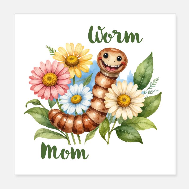 Worm Mom – Ver de terre en fleurs, aquarelle - Poster 20 x 20 cm - blanc