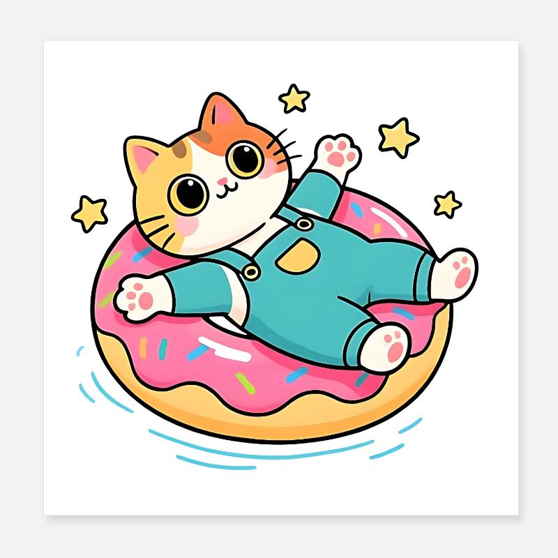 Katze auf pastellfarbenem schwebendem Donut Poster 20x20 cm