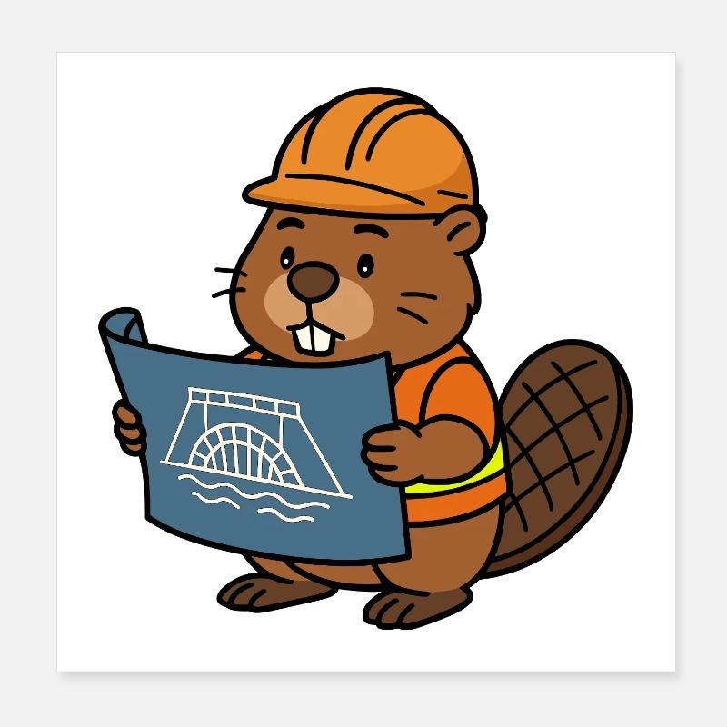 Beaver Ouvrier du bâtiment Bob Maître constructeur Plan Construction Barrage Poster 20 x 20 cm