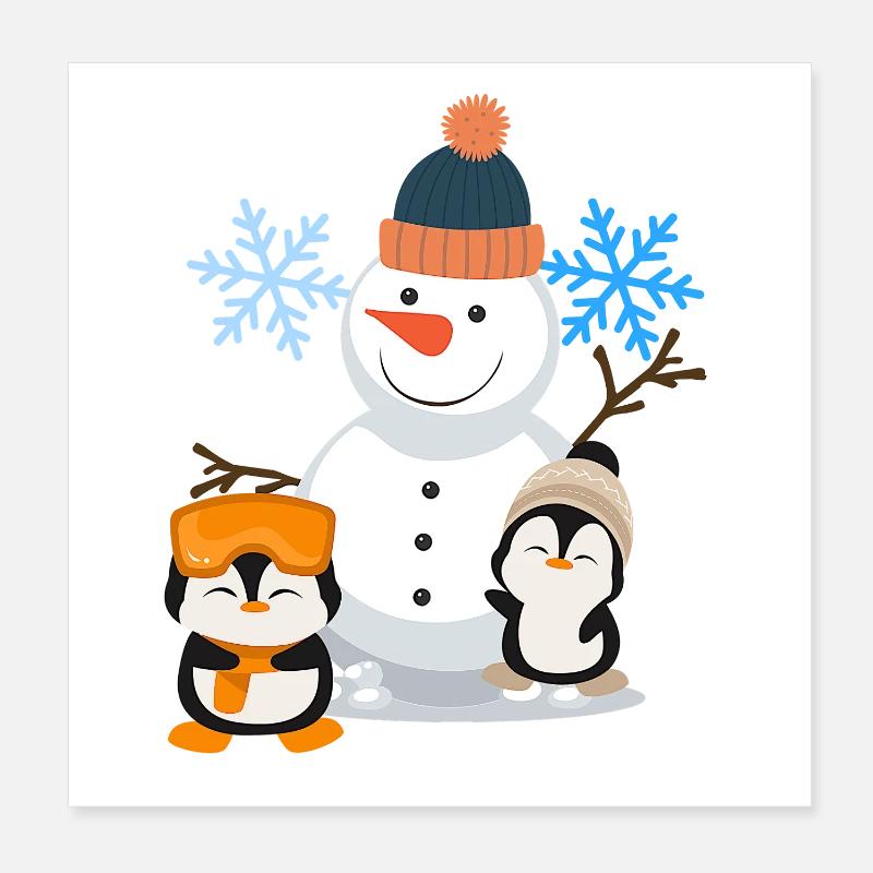 Winter Joy Snowman Penguins Poster 8" x 8" (20x20 cm)