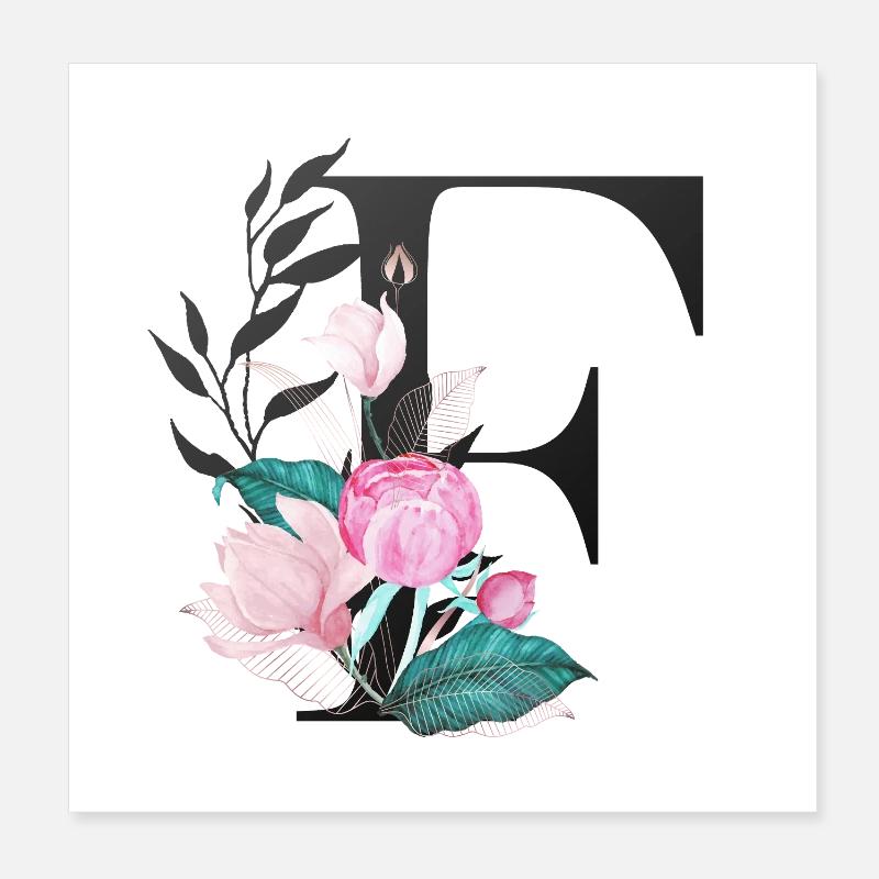 Monogram Letter F Rose Floral Initials Gift Poster 8" x 8" (20x20 cm)