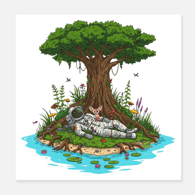 Astronaute Chien Île Dreamscape Poster 20 x 20 cm