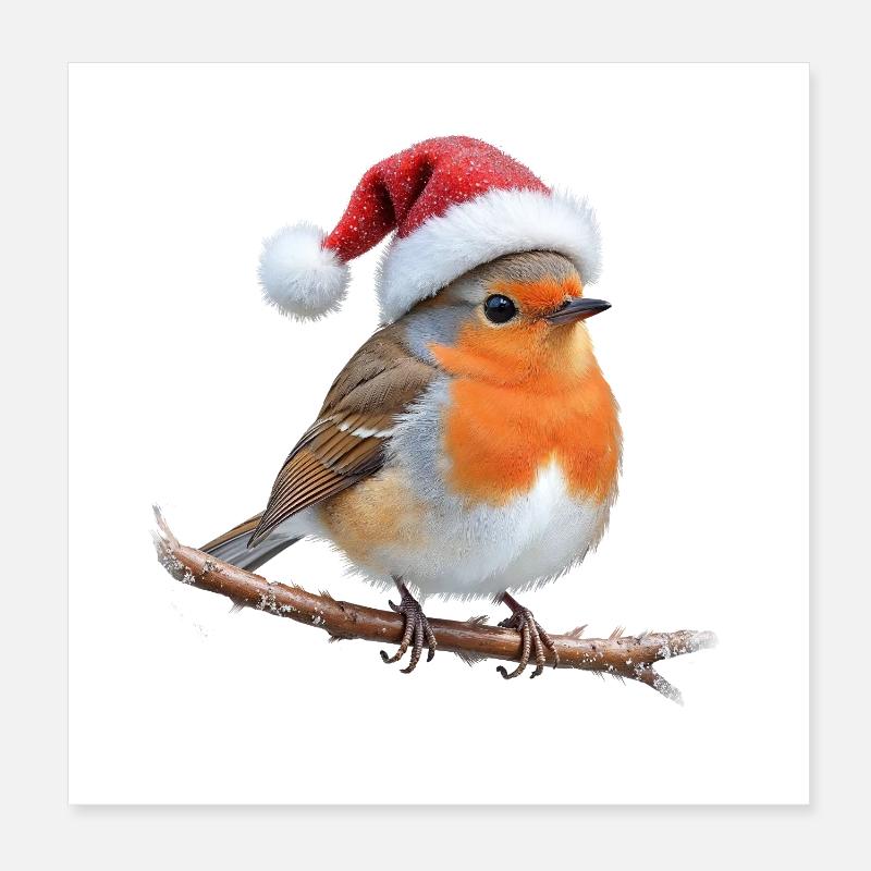 Robin Santa Hat on Branch Poster 8" x 8" (20x20 cm)