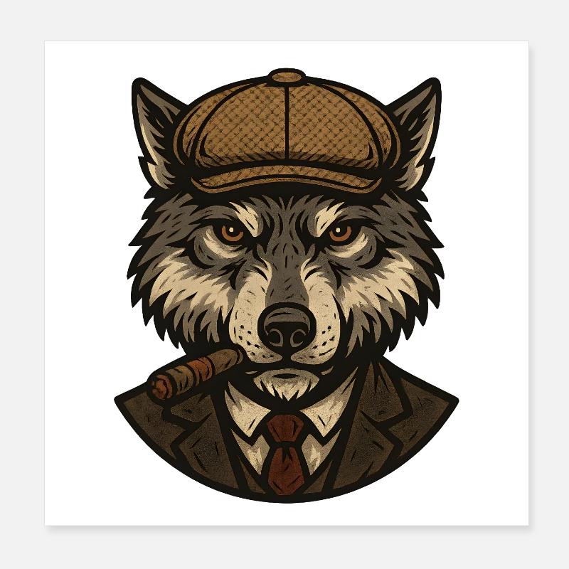 Wolf mit Baskenmütze und Zigarre Poster 20x20 cm