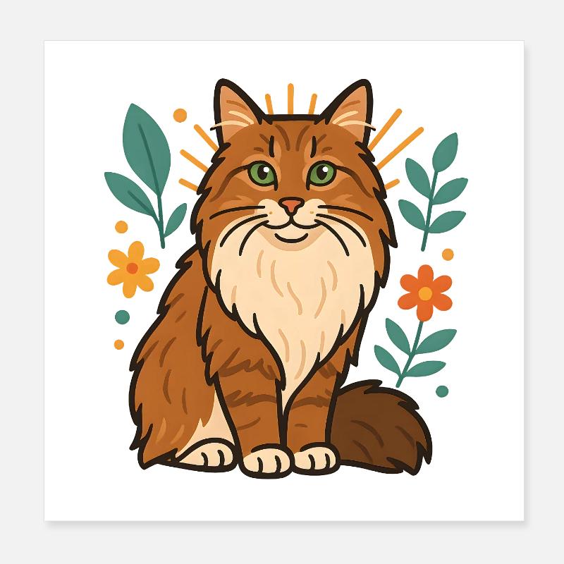 Chat des forêts norvégiennes chat parmi les fleurs Poster 20 x 20 cm