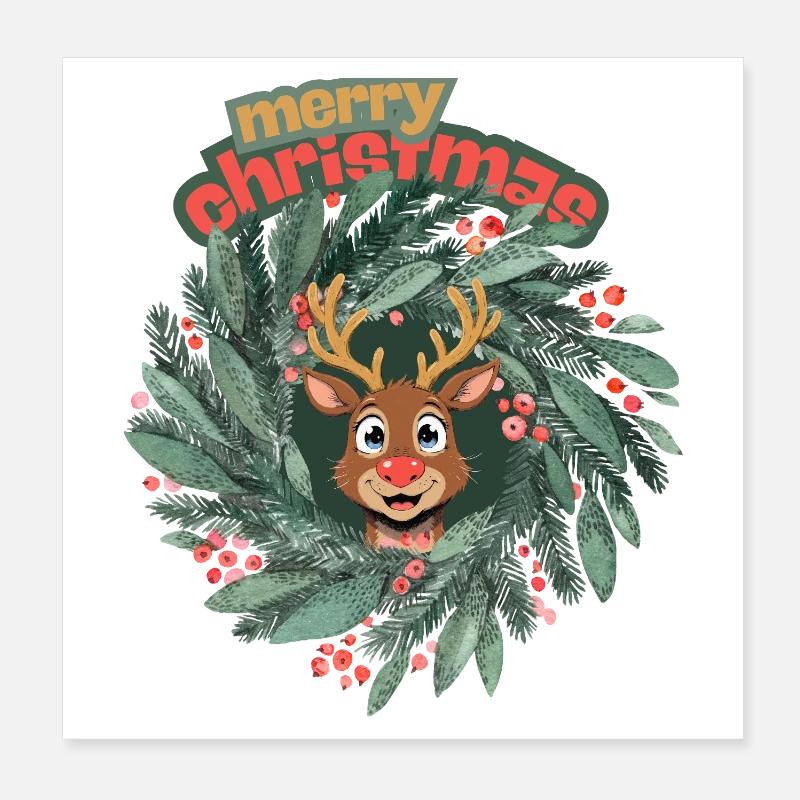 Mignon renne dans la couronne de Noël Poster 20 x 20 cm