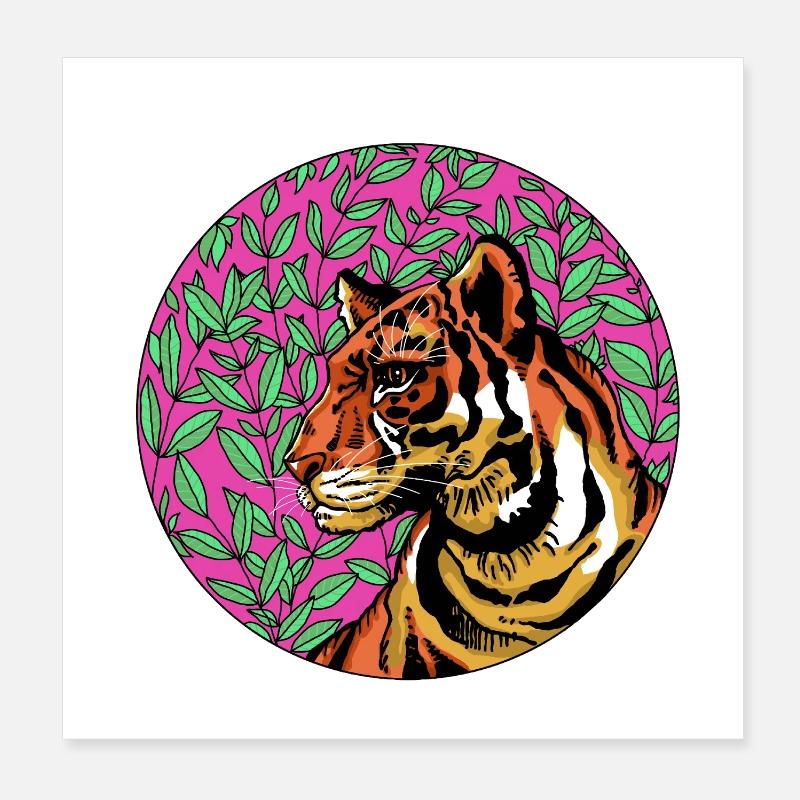 Tigre en feuillage rose Poster 20 x 20 cm