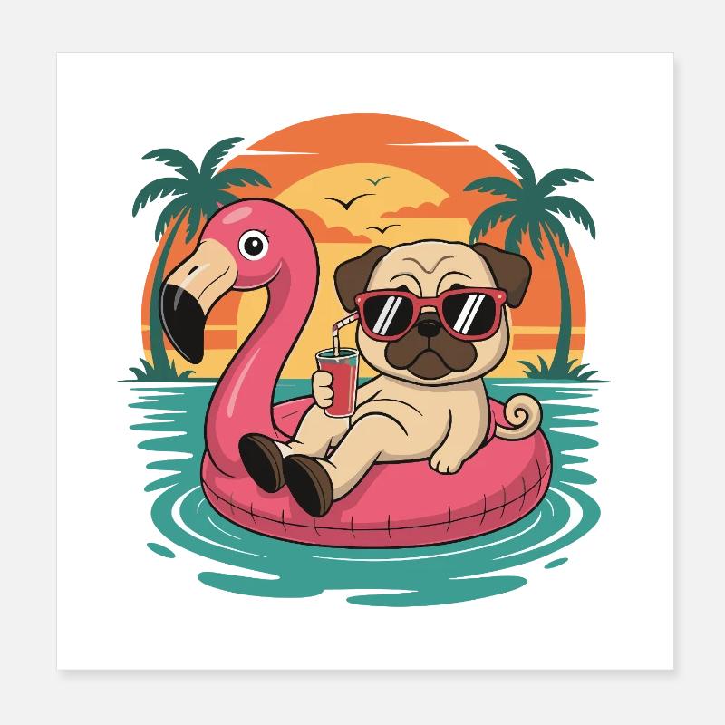 Lustiger Mops tropischer Sommerflamingo-Float Poster 20x20 cm